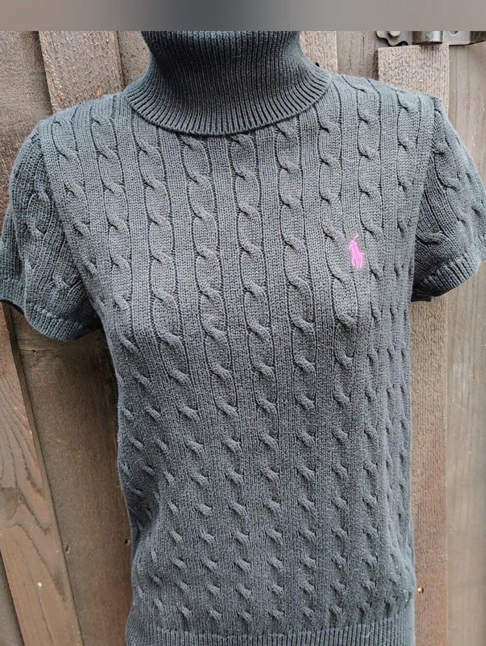 Ralph Lauren Black Cable-Knit Short-Sleeve Turtleneck with Pink Pony